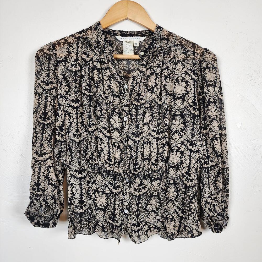 Max Studio Silk Blouse Black Beige Sheer Ruffle Victorian Boho Dark Academia SM